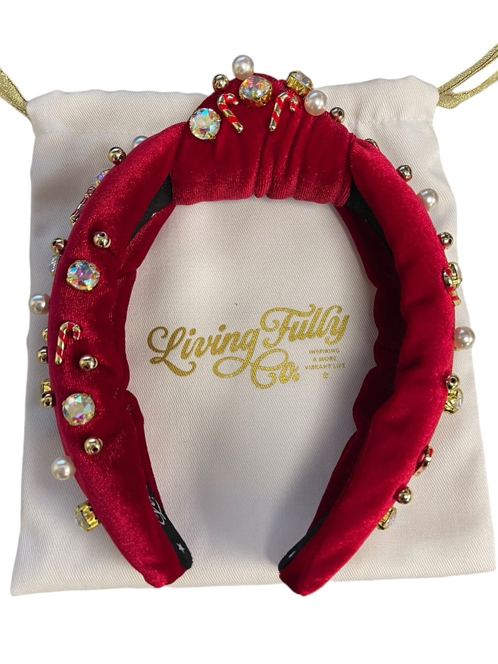 Living Fully Co Holiday Red Jeweled Velvet Candy Cane Headband